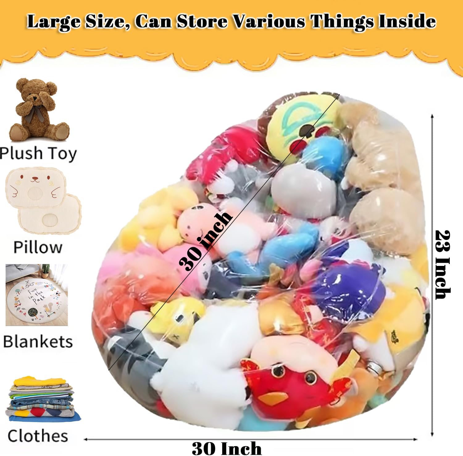 Clear Stuffed Animal Storage Bean Bag Chair for Kids 150L PVC Waterproof Toy Organizer Bean Bag Chair Cover with Zipper, Easy-Clean Plush Toy Holder Seat for Nursery & Playroom (A)