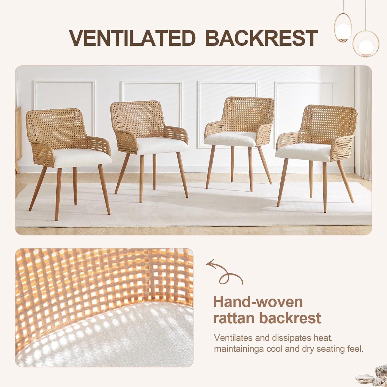 Rattan Dining Chairs Set of 4, Wicker Dining Chairs with Metal Legs,Upholstered Cane Back Dining Chair Set of 4 with Boucle Cushion for Bedroom, Kitchen,Coastal Dining Chairs