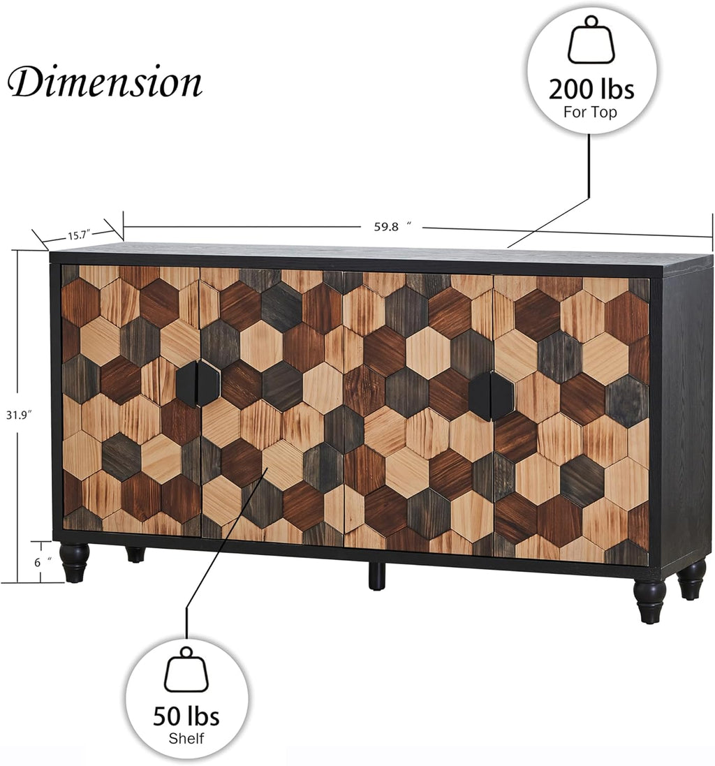 60" Geometric Sideboard Buffet Modern Farmhouse Credenza Storage Cabinet with 4 Hexagonal Honeycomb Parquet Doors for Kitchen Living Room Entryway Black & Multi Wood Tone