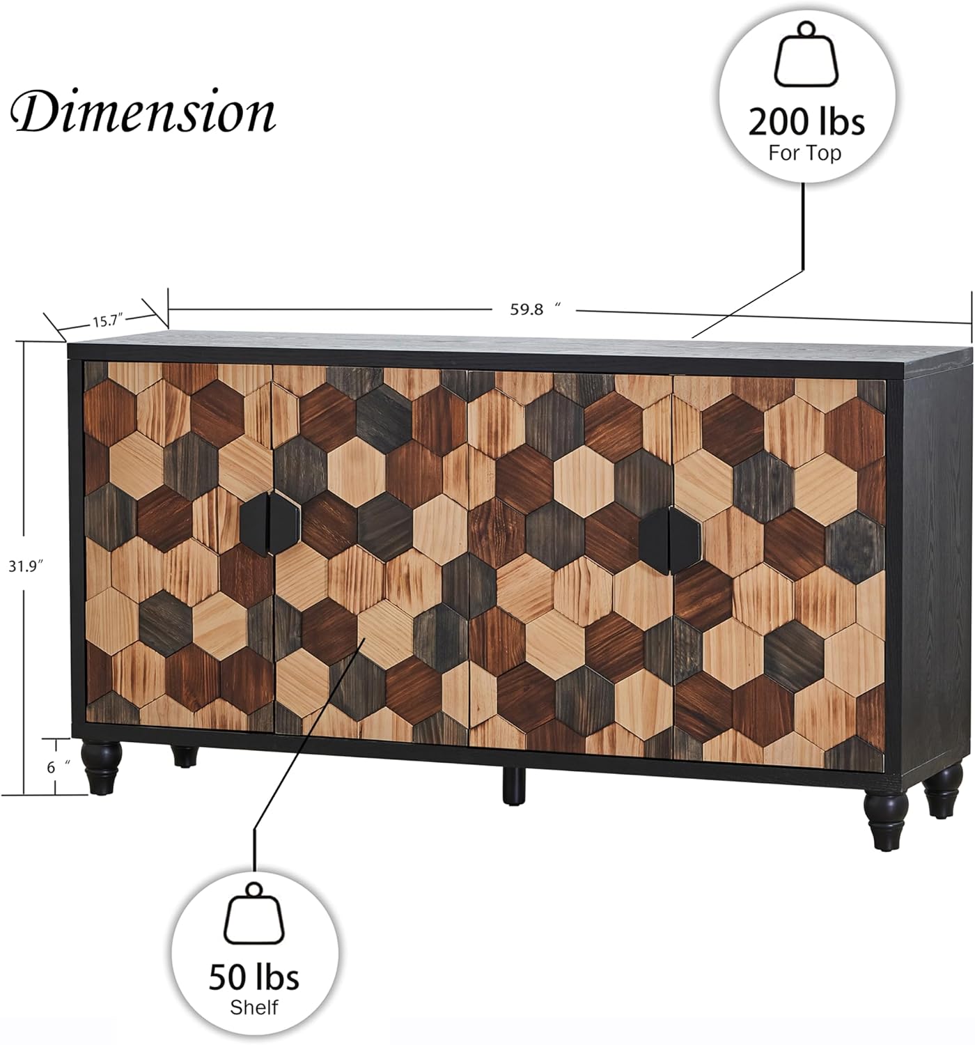60" Geometric Sideboard Buffet Modern Farmhouse Credenza Storage Cabinet with 4 Hexagonal Honeycomb Parquet Doors for Kitchen Living Room Entryway Black & Multi Wood Tone