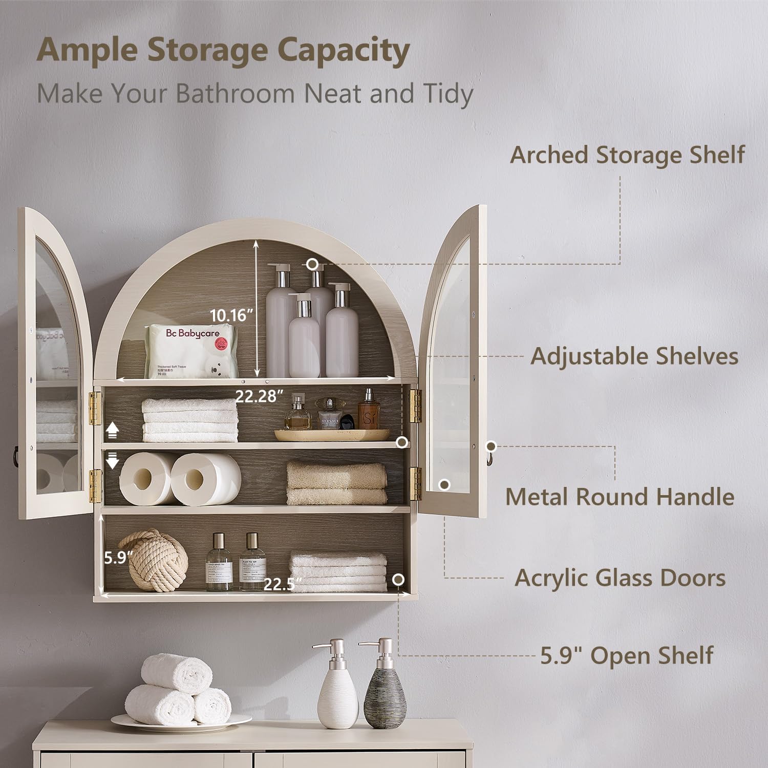 IFGET Bathroom Arched Wall Cabinet, 23.6'' Wide Medicine Cabinet with Adjustable Shelves & Acrylic Glass Doors, Over The Toilet Storage Wall Mount Cabinet for Laundry Room,Kitchen & Living Room, Cream