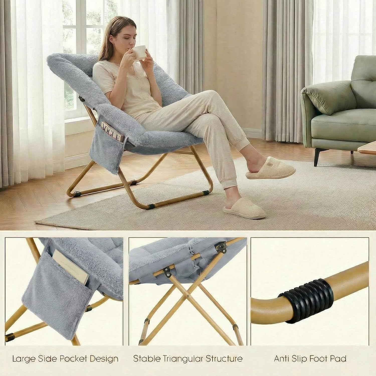 Folding Saucer Chair, Comfy Reading Chair with Soft Thick Padded Seat | Plush Faux Fur Lounge Chair for Small Space, Bedroom, Dorm, Living Room, X-Large Lazy Chair for Adults Teens Kids