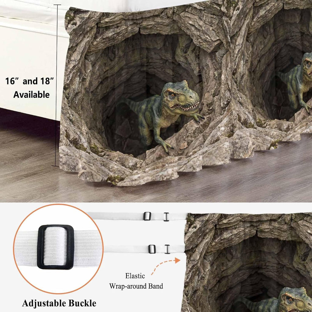 3D Optical Illusion Bed Skirt Full/Queen Size Bed Skirting 16 Inch Drop Adjustable Elastic Dust Ruffles Wrap Around Bedskirt Pleated Nature Dinosaur Stones Brown Bedding Frame Cover for Dorm