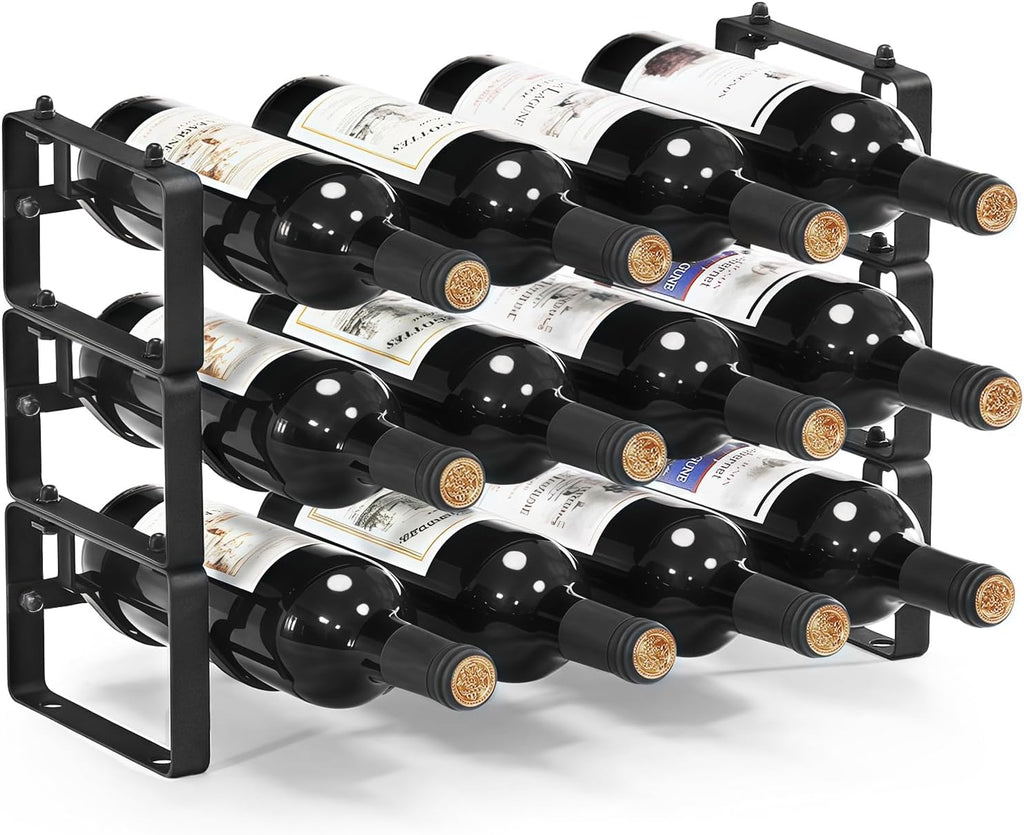 Stackable Wine Rack Countertop, 12 Bottles Wine Bottle Holder for Inside Cabinet, Small Tabletop Wine Holder Stand for Pantry Bar, 3-Tier Angle Adjustable Wine Bottle Rack for Tight Spaces