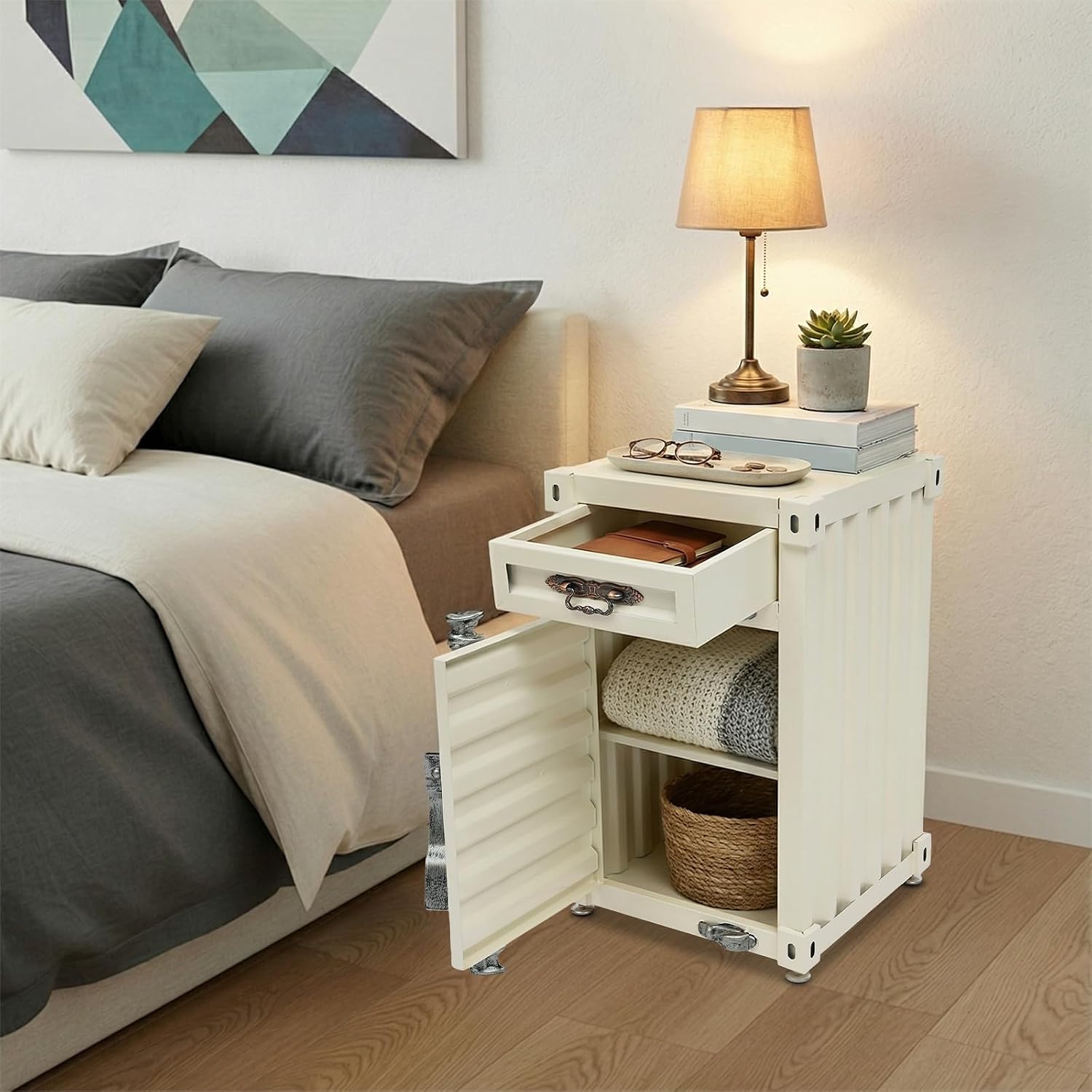 Industrial Wind Bedside Table, Container Style Locker Wrought, Iron Container Side Table with Metal Combination Lock for Living Room, Bar, Office (Creamy White, 12.6 x 12.6 x 19.69in)