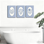 3pcs Blue Striped Floral Canvas Wall Art Minimalist Wildflower Silhouette Poster Print Rustic Farmhouse Decor For Bedroom Bathroom Living Room Office Kitchen Wall Deco( 12×18in Stretched Canvas on A Wooden Frame)