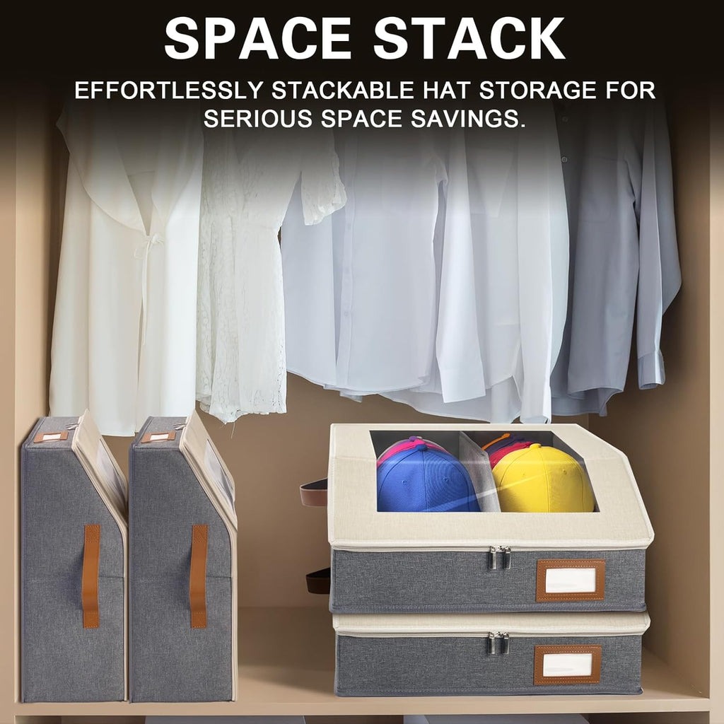 2-in-1 Hat Organizer for Baseball Caps Holds 96-120 Caps Hat Storage with Adjustable Divider Stackable Hats Holder for Closet with Clear lid Cowboy Hat Box for Men Women 4 PCS Beige and Grey