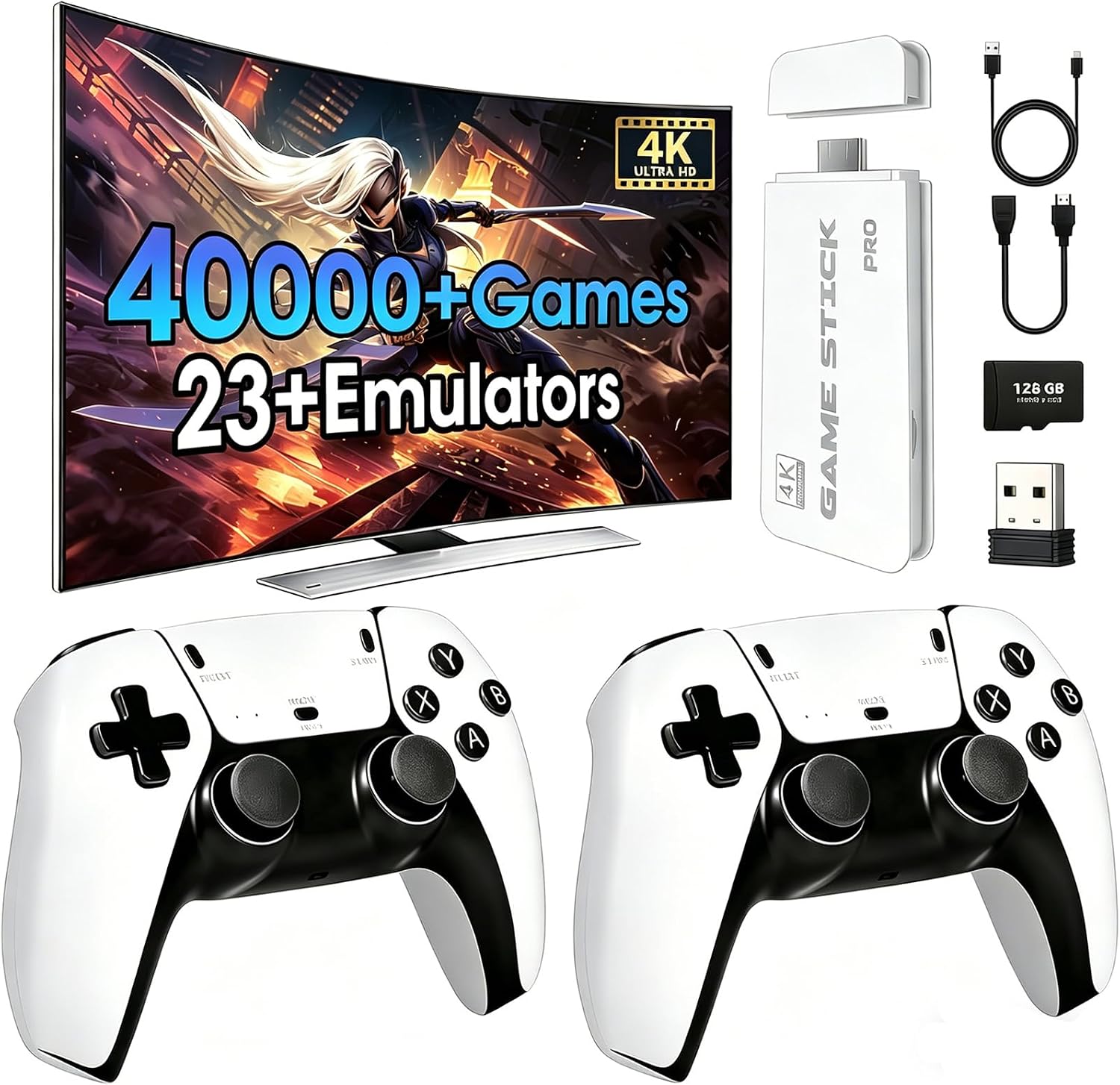 2026 New Wireless Retro Game Console, 23 Emulators and 40000+Games, Plug and Play 4K HDMI TV Game Stick, with Dual 2.4G Wireless Controllers (80G)