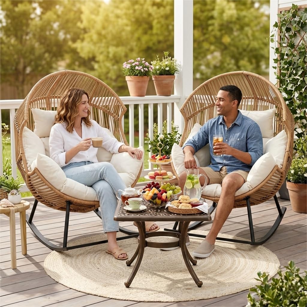 Oversized Outdoor Rocking Chair, Wicker Egg Patio Lounge Chair Basket Seat with Thick Cushion, All Weather Indoor Outdoor Porch Rockers for Balcony, Living Room, Lawn Garden