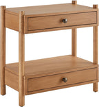 Modern Wood Nightstand with Two Drawers and Open Shelf, Solid Wood Legs, Brushed Bronze Hardware, Bedside End Table for Bedroom or Living Room
