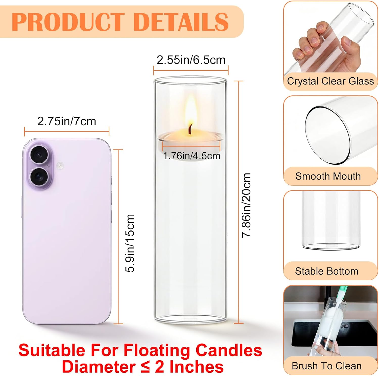 16 Pack Glass Cylinder Bud Vases for Centerpieces, 7.8” H x 2.5” W Clear Flower Vases Bulk, Floating Candle Holder for Wedding Party Home Decor
