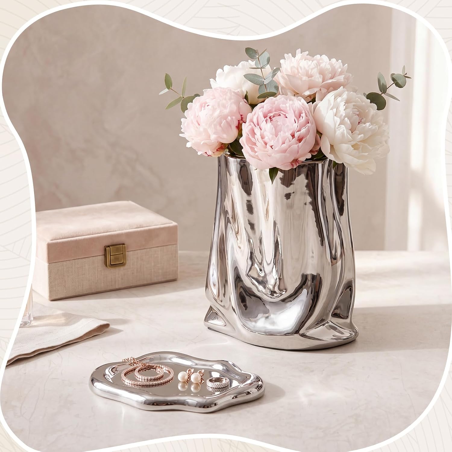 Silver Ceramic Flower Vase and Trinket Tray Set Crinkle Paper Shape Modern Decorative Vase and Cloud Jewelry Dish for Vanity Bedroom Living Room Chrome Home Decor Accents