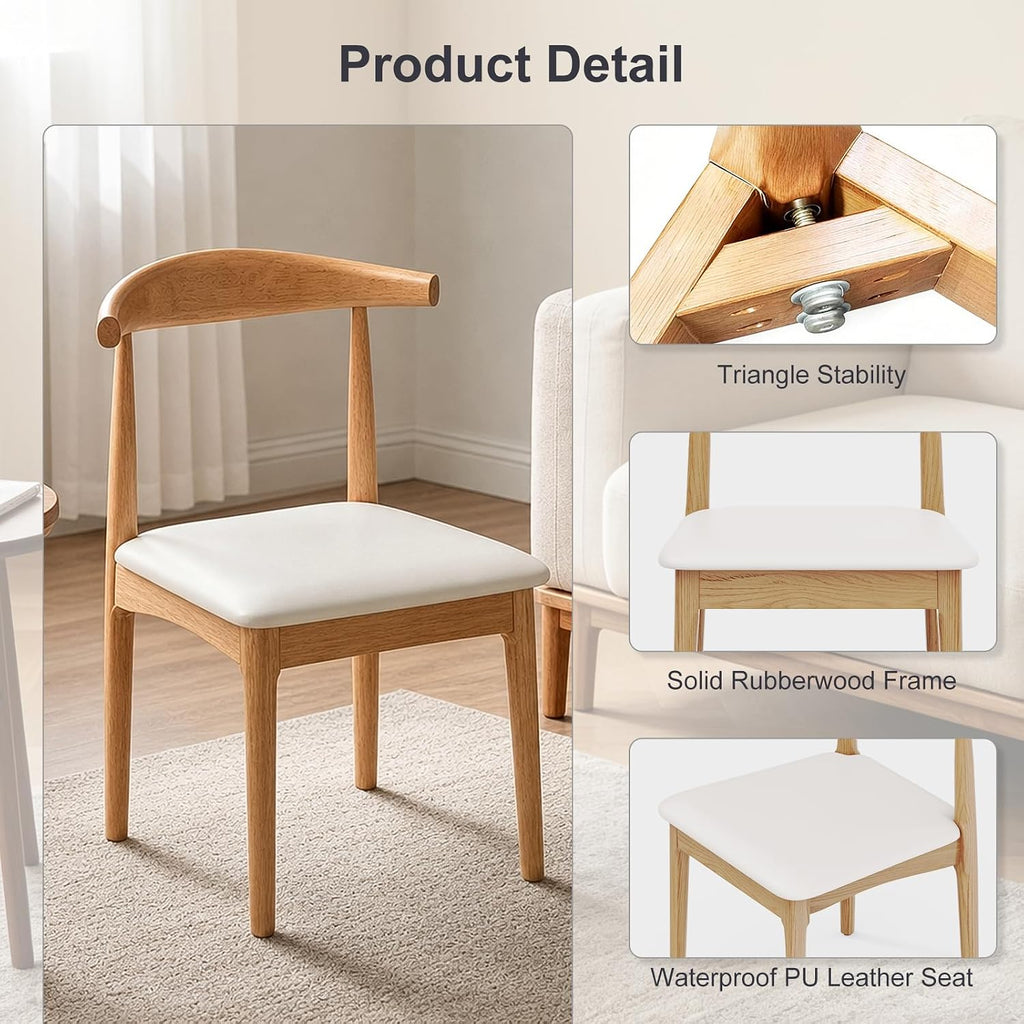 Solid Wood Dining Chairs Set of 2, Mid Century Modern Kitchen Chairs with Leather Upholstered Seat, Elegant Natural Wood Side Chairs for Dining Room, Kitchens,Restaurants, Cafes