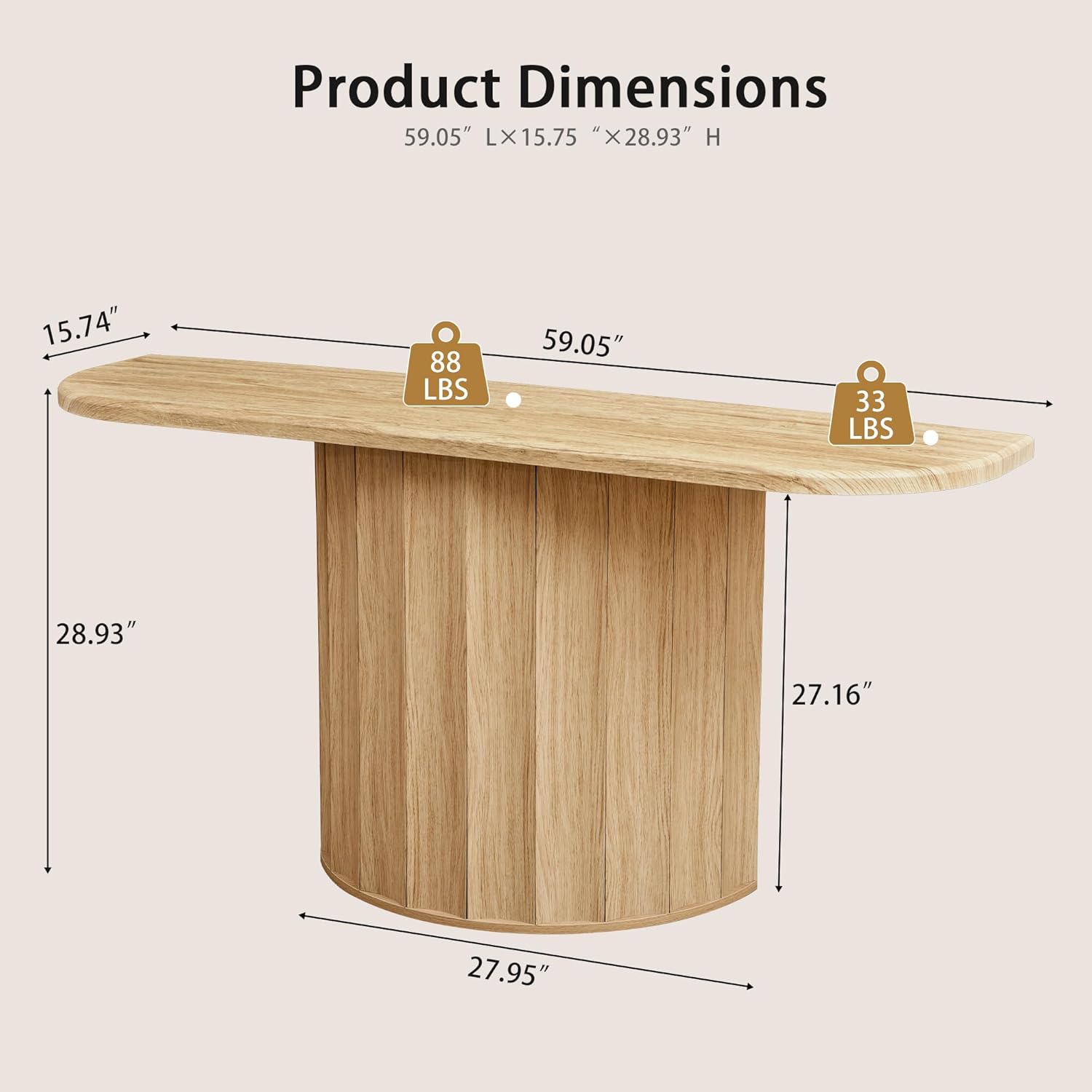 59'' Fluted Console Table for Entryway, Narrow Console Table Wooden Sofa Tables Behind Couch, Modern Curved Accent Table for Hallway, Living Room, Entrance, Foyer (Natural)