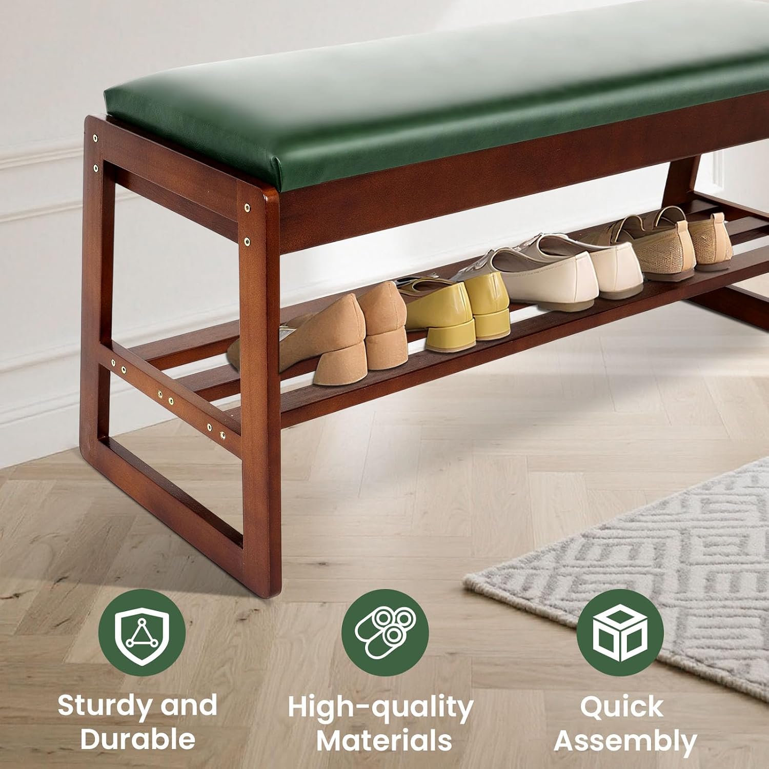 FAHKNS 2-Tiers Shoe Rack Bench 39.4" Shoe Bench with Flip-Top Storage Box, Rubberwood Entryways Shoes Rack for Hallway, Living Room, Bedroom, Closet