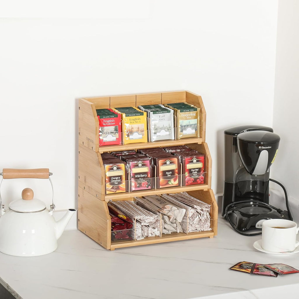 TIOPGHAD 3-Layer Stackable Bamboo Tea Bag Organizer Storage Holder, Natural | Holds 260 tea bags, Removable Compartments, Wood, Acrylic dividers, 12.2 x 7.5 x 13.8 in, for Cabinet, Countertop, Office