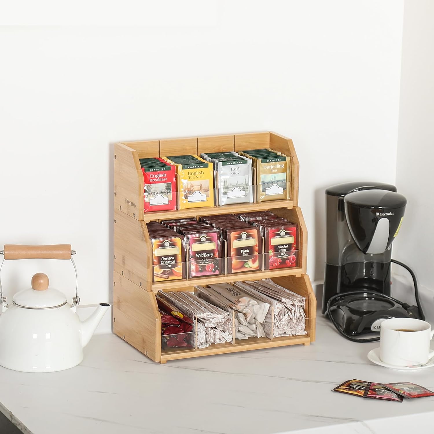 TIOPGHAD 3-Layer Stackable Bamboo Tea Bag Organizer Storage Holder, Natural | Holds 260 tea bags, Removable Compartments, Wood, Acrylic dividers, 12.2 x 7.5 x 13.8 in, for Cabinet, Countertop, Office