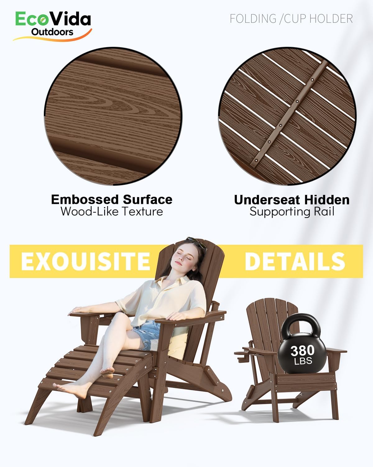 Folding Adirondack Chair 3-Piece Set - 38" Extra Tall Back & Embossed Wood Grain, Oversized HDPE Patio Furniture with Side Table & Cup Holders, 380lb Heavy Duty,Coffee
