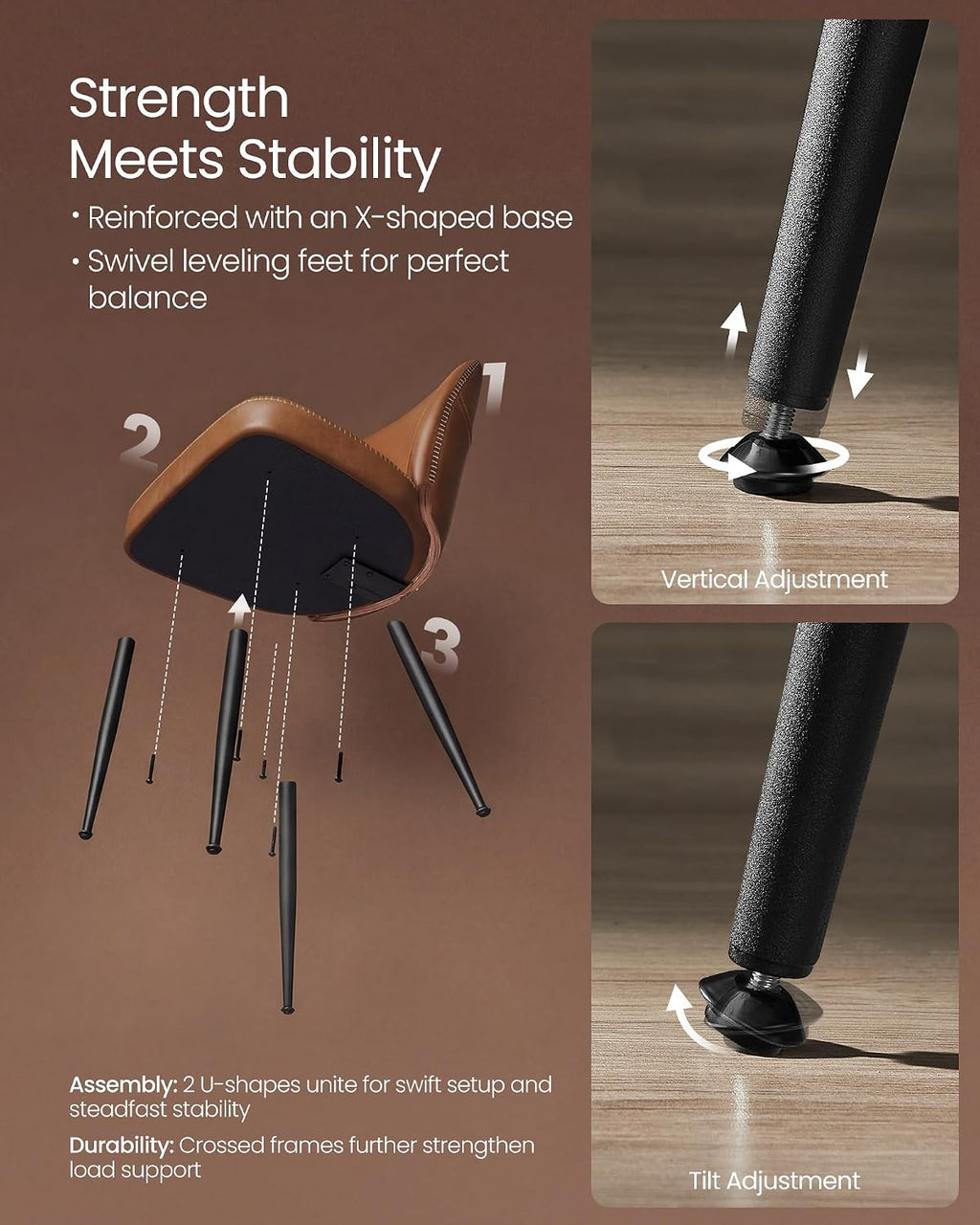 VASAGLE EKHO Collection - Dining Chairs Set of 2, Upholstered Kitchen Chairs, Comfortable Seat, Synthetic Leather with Stitching, Mid-Century Modern, with Storage Pocket, Caramel Brown UKDC190KN01