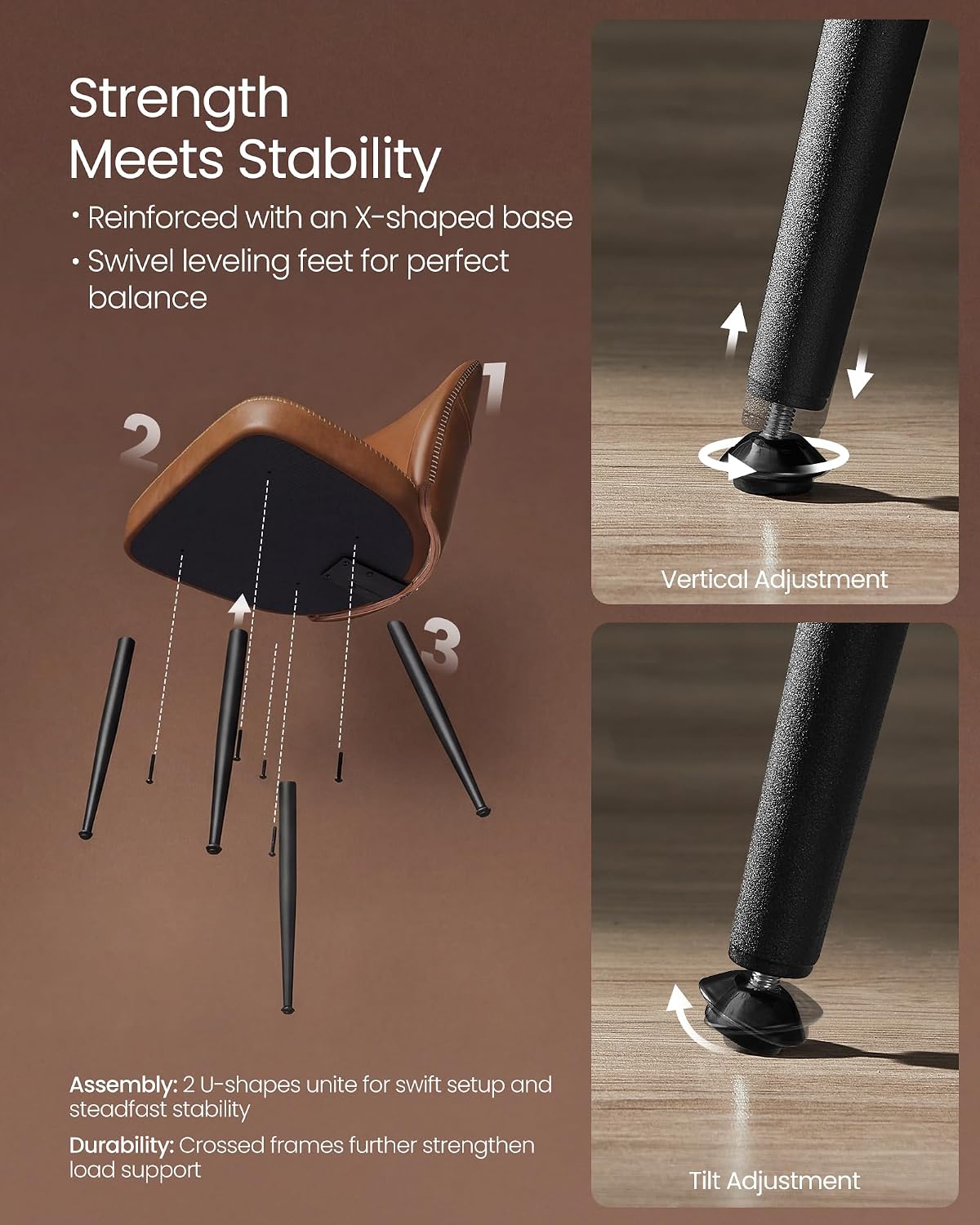 VASAGLE EKHO Collection - Dining Chairs Set of 2, Upholstered Kitchen Chairs, Comfortable Seat, Synthetic Leather with Stitching, Mid-Century Modern, with Storage Pocket, Caramel Brown UKDC190KN01