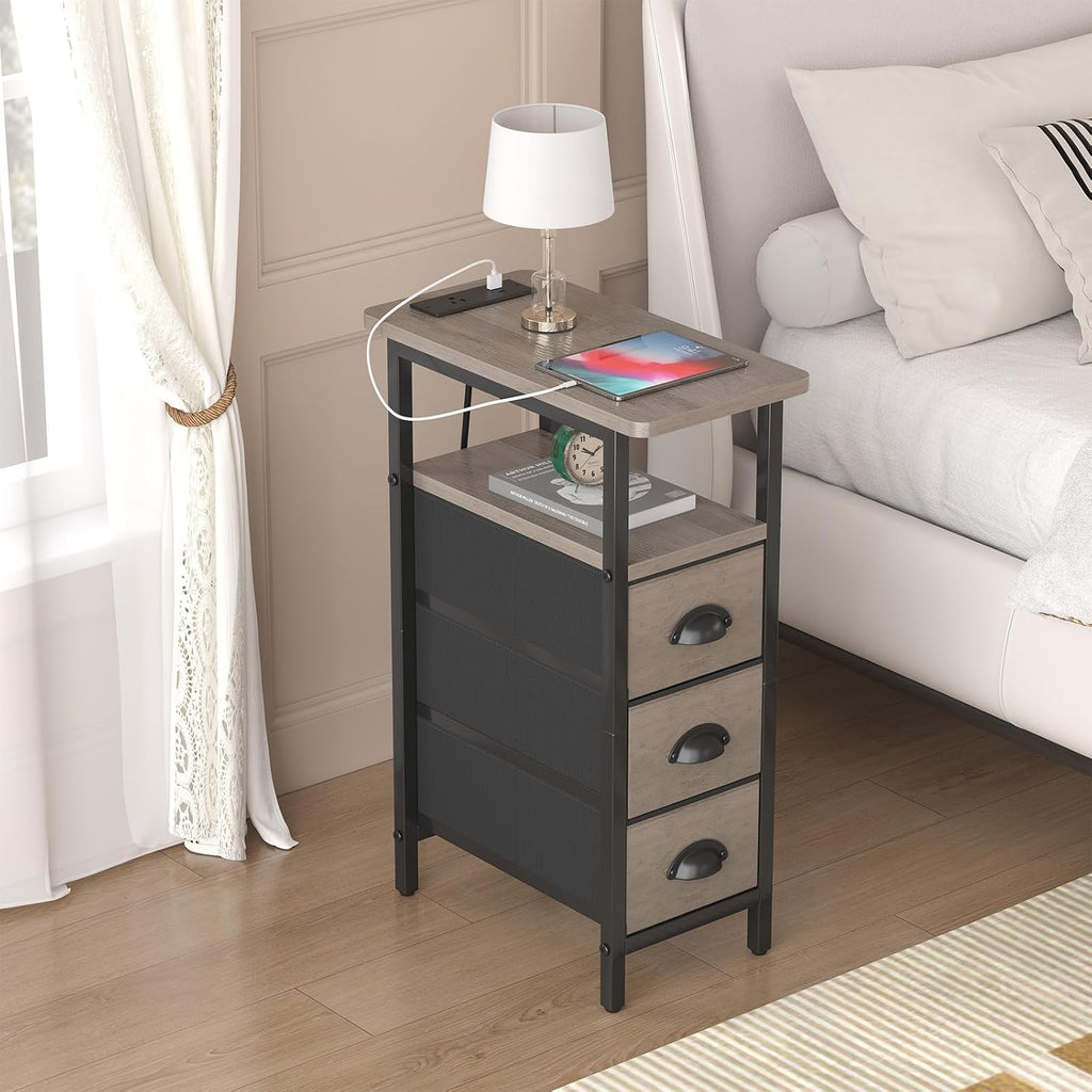 sthmec End Table with Charging Station,Narrow Side Tables with USB Ports and Outlets,Skinny Bedside Tables with 3 Drawers,Small Tables Nightstands for Small Space,Slim Sofa Table for Livingroom,Grey