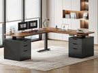 SEDETA L Shaped Electric Standing Desk with 6 Drawers, 66.9" x 57.1" Height Adjustable Stand Up Desk with Power Outlets, 3 Memory Heights, Sit Stand Computer Desk for Home Office, Black + Brown