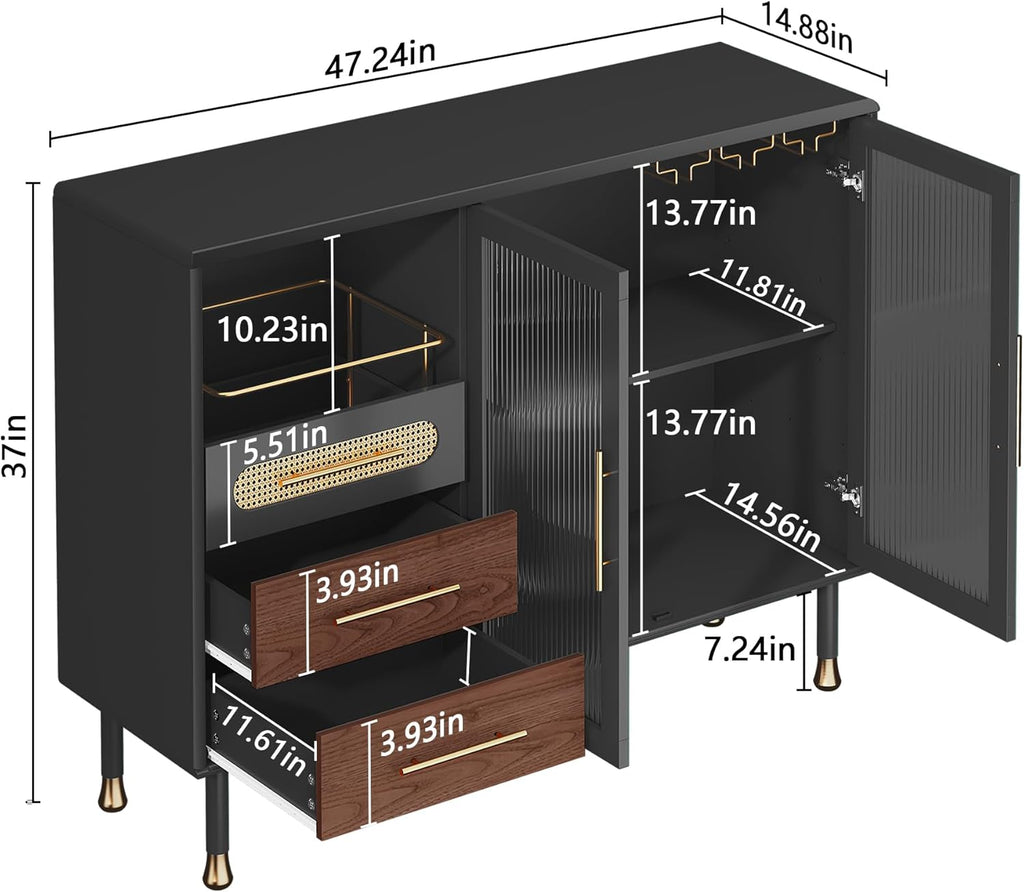 ARTPOWER 48" Coffee Bar Cabinet with Wine Racks and Drawers, Modern Buffet Sideboard with Pull-Out Wine Storage, Liquor Bar Cart for Kitchen, Dining Room, Living Room (Black)