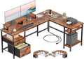Furologee 66” L Shaped Desk with Power Outlet, Reversible Home Office Desk with File Drawer, 2 Monitor Stands, Storage Shelves, Corner Computer Table for Gaming, Writing, Rustic Brown