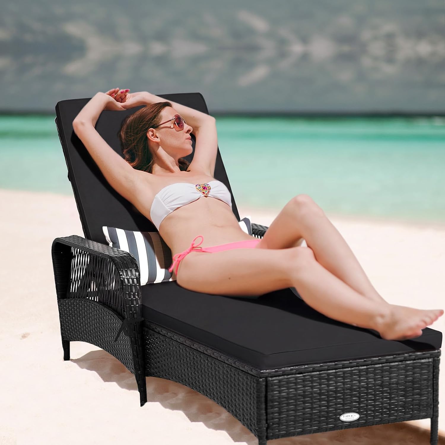 HAPPYGRILL Patio Chaise Lounge, Outdoor Rattan Wicker Recliner Chair with Thick Cushion, Lumbar Pillow, Adjustable Backrest for Garden Porch Lawn Poolside (1)