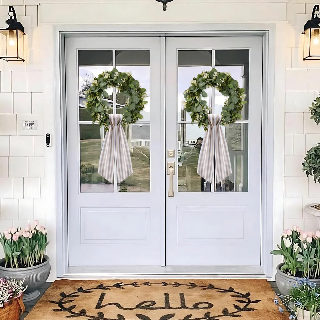 2 Pack Wreath Sash for Front Door Stripe Boxwood Sash Garland Porch Decor Wreath Accessories (Beige and White Stripe)