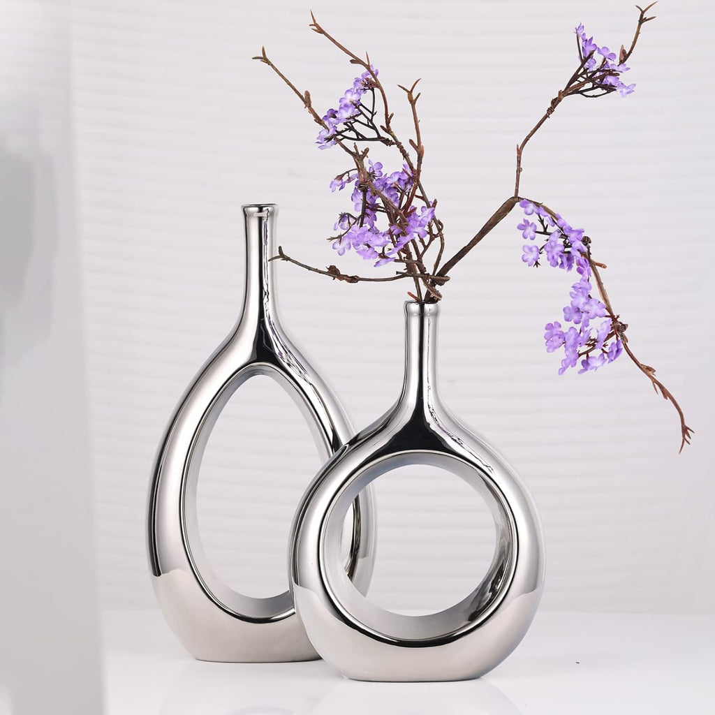 Glossy Silver Vase Ceramic Silver Vases Home Decor,Modern Minimalist Circle with Hole Decorative Vase, Hollow Ellipse Flower vases for Bookshelf, Fireplace Mantle, Centerpieces,Farmhouse,Rustic Décor