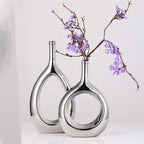 Glossy Silver Vase Ceramic Silver Vases Home Decor,Modern Minimalist Circle with Hole Decorative Vase, Hollow Ellipse Flower vases for Bookshelf, Fireplace Mantle, Centerpieces,Farmhouse,Rustic Décor