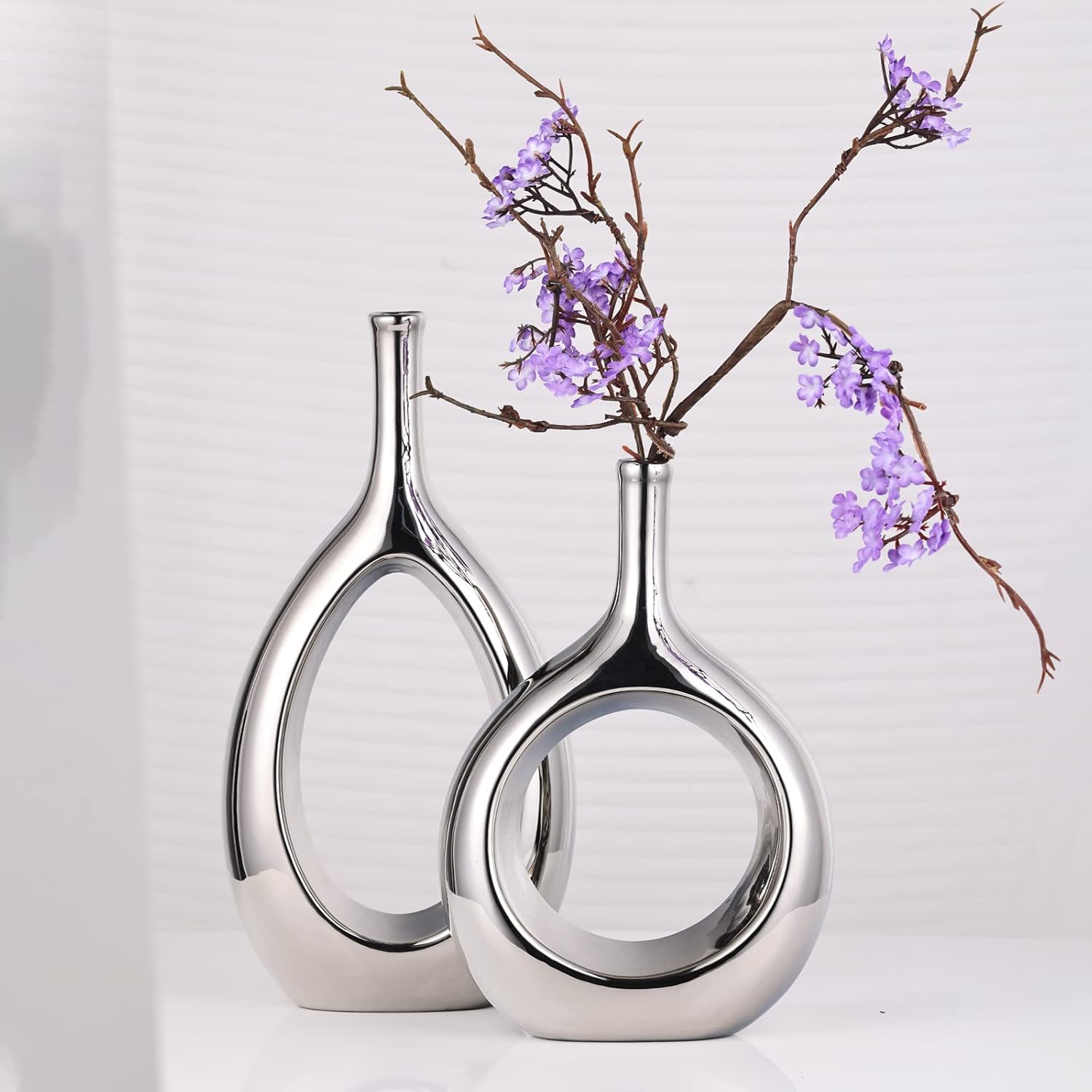 Glossy Silver Vase Ceramic Silver Vases Home Decor,Modern Minimalist Circle with Hole Decorative Vase, Hollow Ellipse Flower vases for Bookshelf, Fireplace Mantle, Centerpieces,Farmhouse,Rustic Décor
