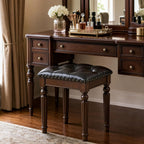 Black Faux Leather Vanity Stool | Small Tufted Bench, Nailhead Trim, Leatherette Seat, Carved Walnut-Finish Solid Wood Legs, Backless Makeup Stool