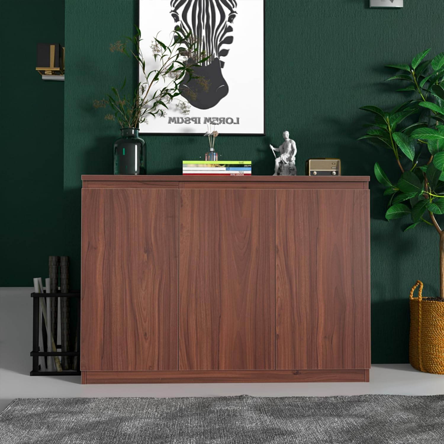 holzart 43" Walnut Brown Buffet Cabinet Sideboard with Storage - Modern 3-Door Wood Grain Kitchen Cupboard & Coffee Bar Station for Dining Room, Living Room - Adjustable Shelf, 43.3" W x 31.5" H