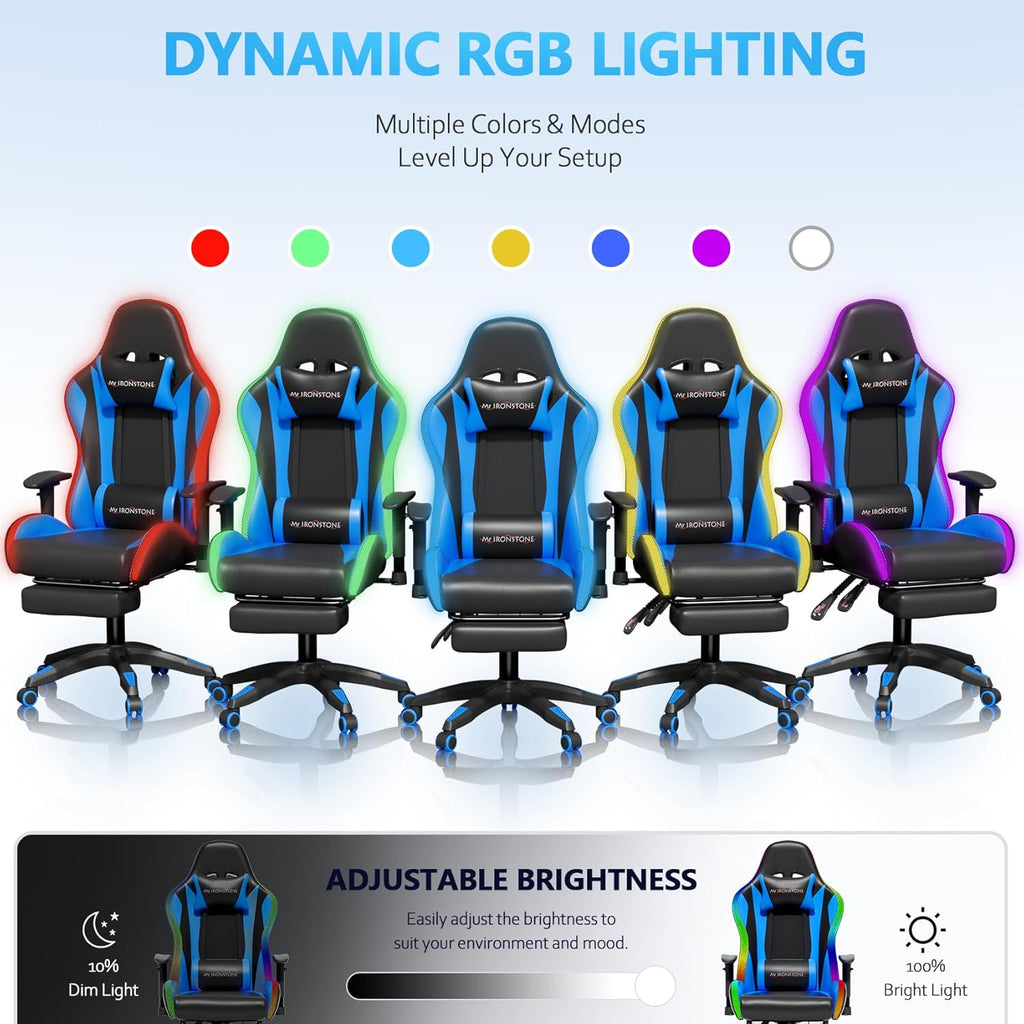 Mr IRONSTONE RGB Gaming Chair with Bluetooth Speakers, Ergonomic Gamer Chair with LED Lights, Vibration Lumbar Support, Footrest and High Back Reclining Design for Adults, Blue