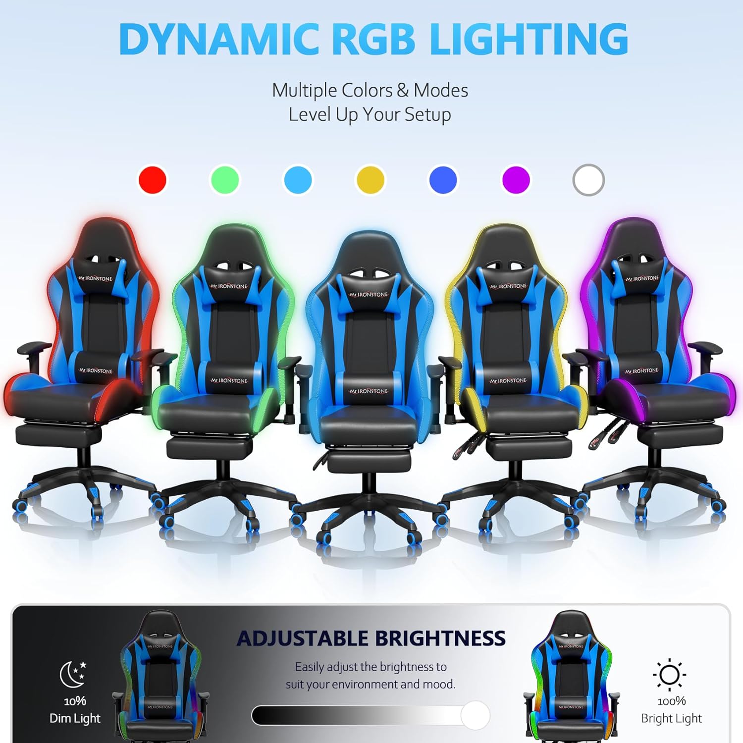 Mr IRONSTONE RGB Gaming Chair with Bluetooth Speakers, Ergonomic Gamer Chair with LED Lights, Vibration Lumbar Support, Footrest and High Back Reclining Design for Adults, Blue