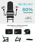 Ciokea Folding Adirondack Rocking Chairs Set of 2 with Retractable Ottoman, 4-in-1 Outdoor Adjustable Adirondack Chair with Cup Holders, HDPE Rocker for Porch, Deck, Patio, Poolside (Black)