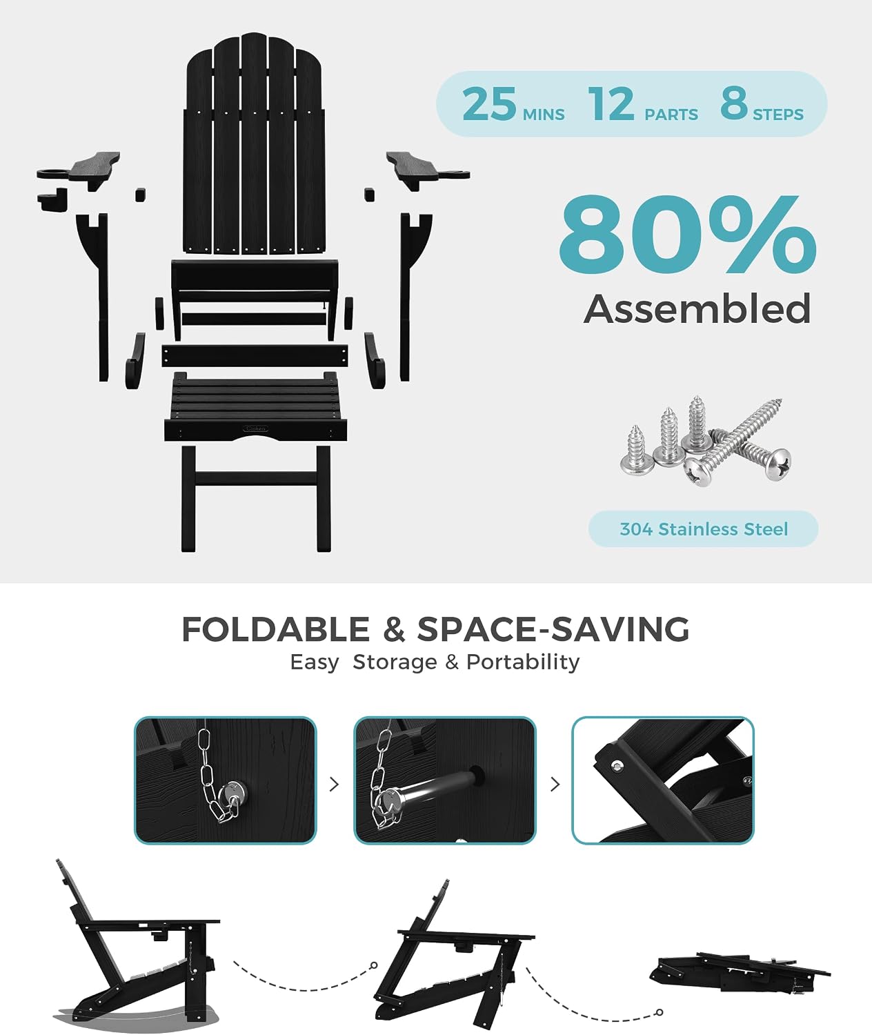 Ciokea Folding Adirondack Rocking Chairs Set of 2 with Retractable Ottoman, 4-in-1 Outdoor Adjustable Adirondack Chair with Cup Holders, HDPE Rocker for Porch, Deck, Patio, Poolside (Black)