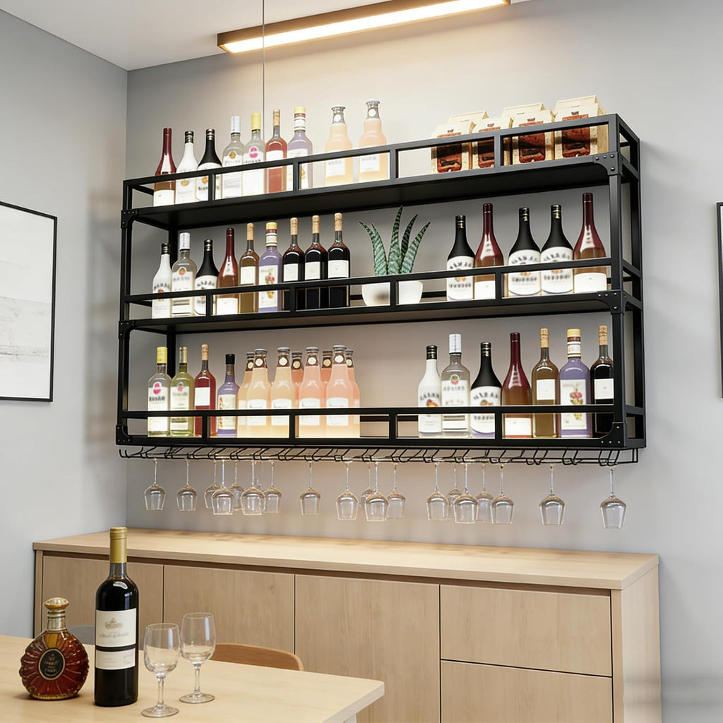 71in Wall Mounted Wine Rack, Wine Rack Wall Mounted with Wine Glass Rack, Metal Bottle Display Shelf Wine Cups Hanging Holder, for Home Bar Cafe Dining Room Decoration (A-BLACK, 70.8 * 10 * 35.5IN)