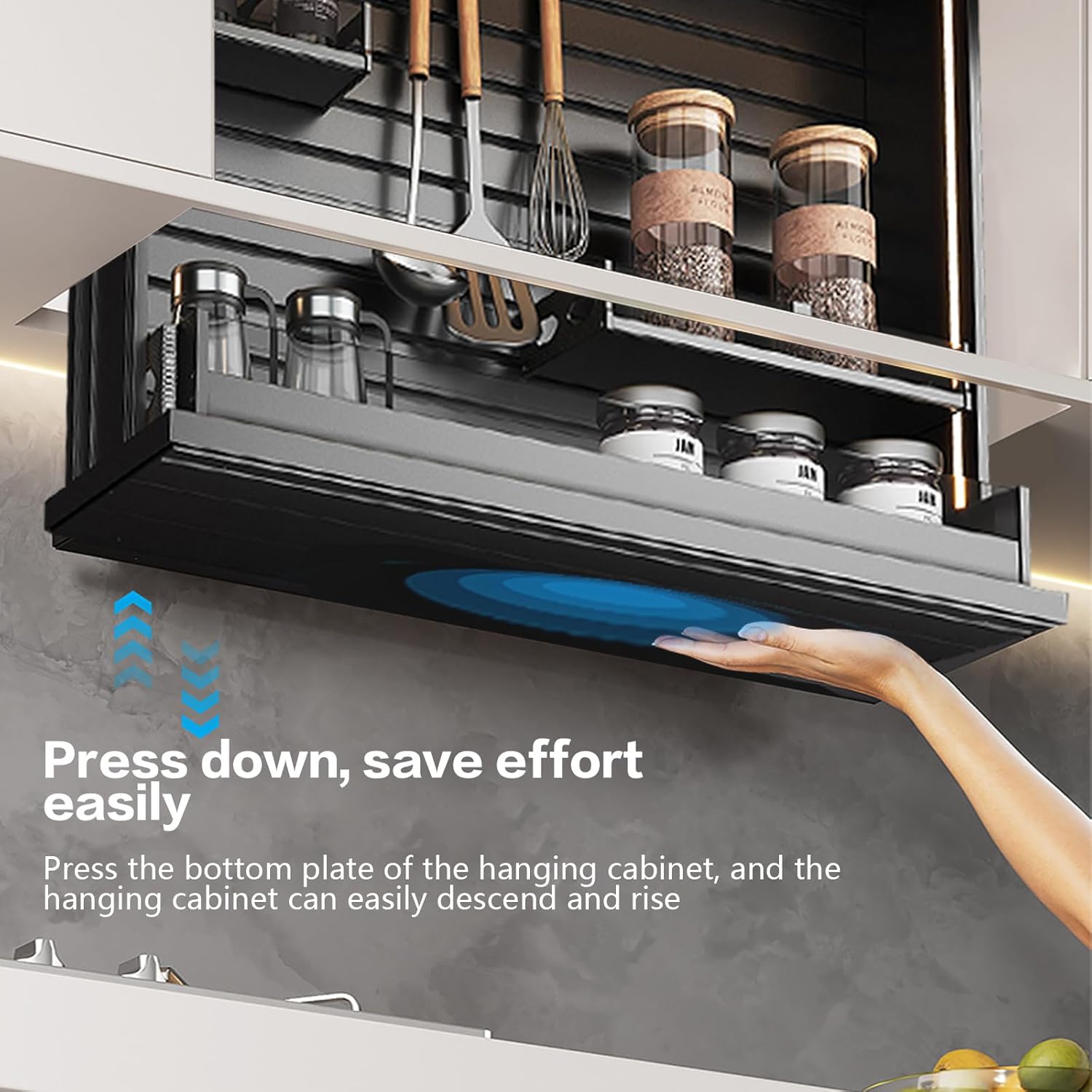 18" Touch Switch Motorized Cabinet Organizer, Electric Pull Down Shelf for Upper Cabinets, Anti-Collision Spice Rack,Smart Kitchen and Pantry Organization 18" Width Cabinet
