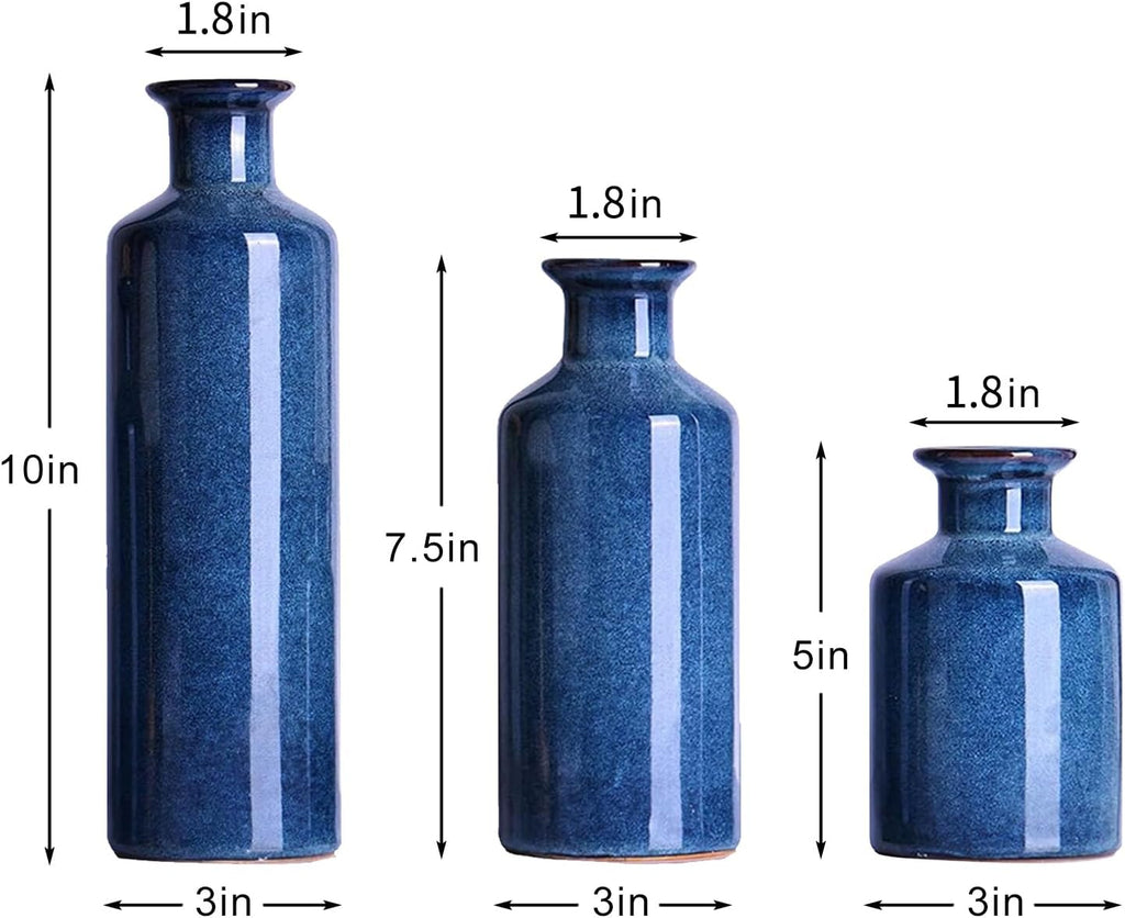 Navy Blue Ceramic Vase Set 3 for Home Decor, Dining Table Centerpiece Farmhouse Fireplace Decor, Living Room Decoration, Bookshelf and Entrance Centerpieces