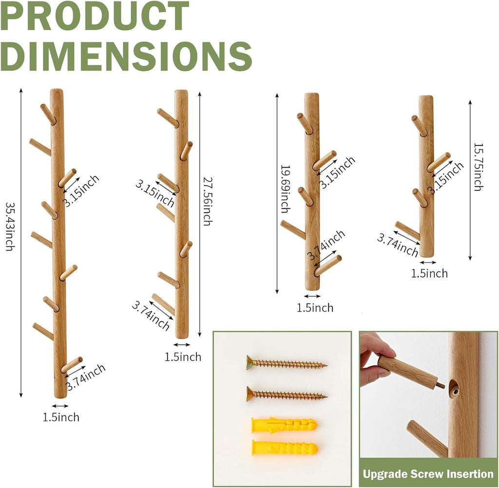 Vertical Coat Rack Wall Mounted - Height 28 Inches, Oak Wood Vertical Hat Rack for Wall with 7 Hooks, Modern Coat Rack Tree for Hanging Hats, Jackets, Bags in Entryway Bedroom Office