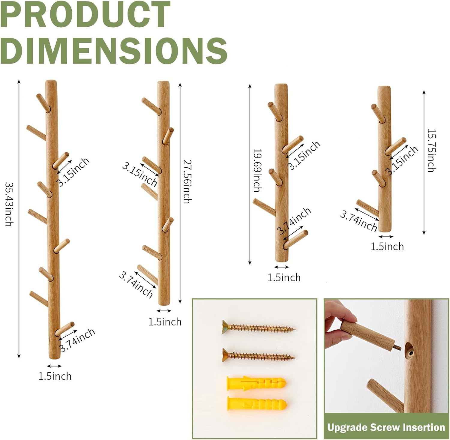 Vertical Coat Rack Wall Mounted - Height 20 Inches, Oak Wood Vertical Hat Rack for Wall with 5 Hooks, Modern Coat Rack Tree for Hanging Hats, Jackets, Bags in Entryway Bedroom Office