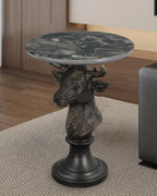 Modern End Table Black Deer Statue Side Table with Faux Marble Round top, 28" Tall 19.69" Wide Contemporary Nightstand for Living Room, Office and Reception Area Gift for Mom and Dad