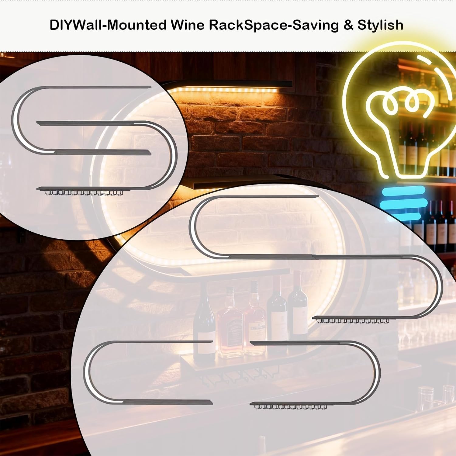 47.24in Wall Mounted Wine Rack, with LED Light Half Round Multi-Tier Iron Wine Bottle Display Rack with Wine Glass Hooks, for Kitchen, Bar, Cafe (Black,47.24 * 7.87 * 47.24INCHES)