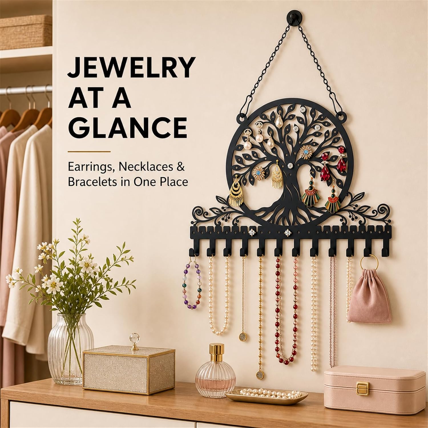 Personalized Tree of Life Wall Mounted Jewelry Organizer Metal Earring Holder Necklace Display Rack Decorative Jewelry Storage Hanger Space Saving Wall Decor for Bedroom Vanity Room Gift for Women