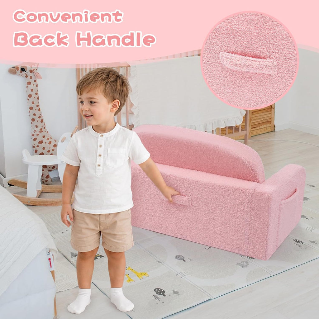 Foryoomi Extra Wide Kids Couch, 2-in-1 Soft Toddler Couch with Blanket, Comfy Toddler Chair, Convertible Sofa with Cute Colorful Rainbow Design, Pink