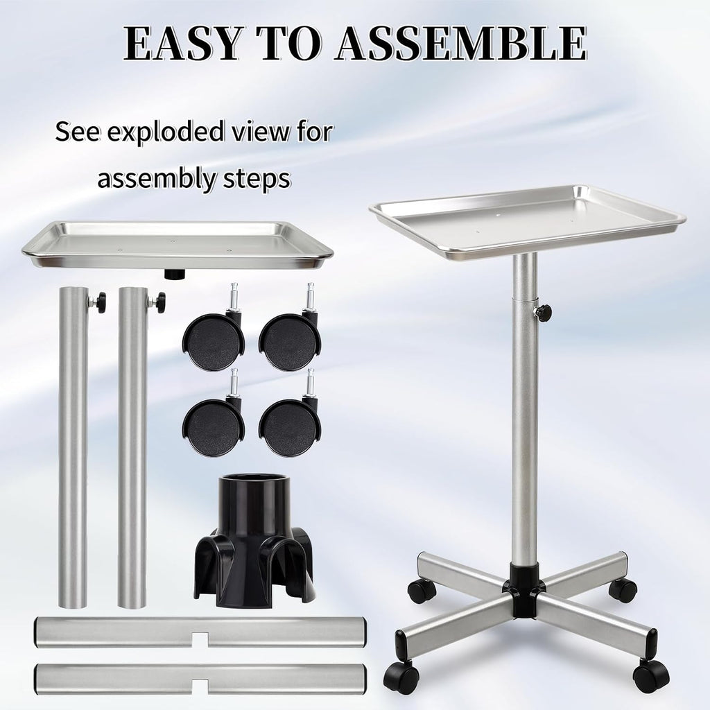 Salon Tray on Wheels, Salon Color Tray with Adjustable Height,Salon Rolling Tray Ideal Use As Metal Mayo Stand Tray,Tattoo Tray, Medical Tray, Dental Tray（Silver）