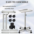Salon Tray on Wheels, Salon Color Tray with Adjustable Height,Salon Rolling Tray Ideal Use As Metal Mayo Stand Tray,Tattoo Tray, Medical Tray, Dental Tray（Silver）